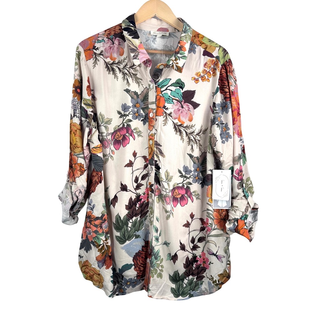 Fig‎ + Flower Button Down Shirt sz 2X Multicolor Floral Roll Tab novely nature